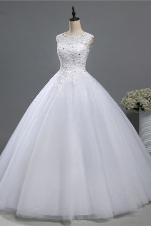 A-line Jewel Neck Sleeveless Floor-length Tulle Wedding Dress With Appliques