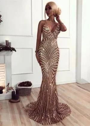 Mermaid V-neck Sleeveless Floor-length Formal Wear With Sequins