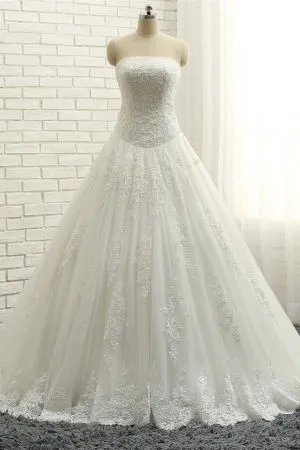 White Tulle A-Line Wedding Dress with Bateau Neckline and Ruffles