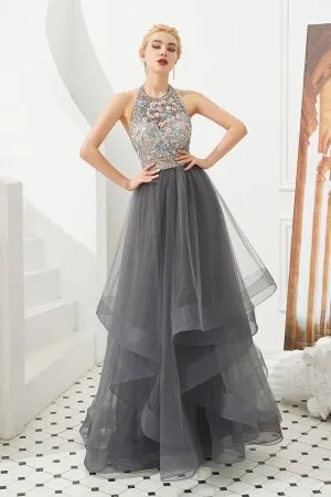 Ball Gown Halter-neck Sleeveless Sweep / Brush Train Tulle Bridal Attire With Crystal