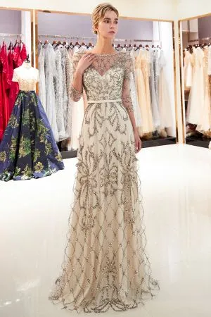 A-line Scoop Neck 3/4-Length Sleeves Sweep / Brush Train Tulle Evening Dress With Crystal