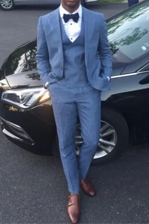 Blue Three Piece Prom Suit with Notched Lapel