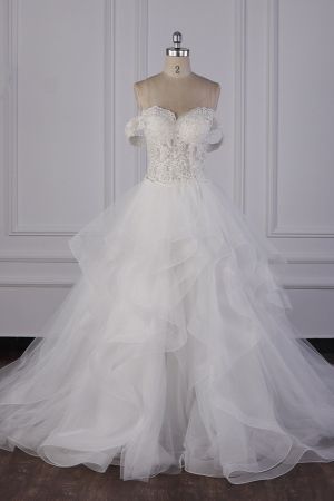A-line Off-the-shoulder Sweetheart Neck Sleeveless Floor-length Tulle Bridal Dress With Ruffles