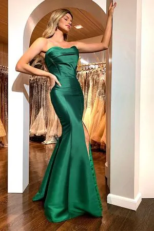 Mermaid Strapless Sleeveless Floor-length Stretch Satin Evening Dress With Ruffles