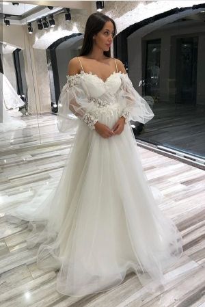 A-line Off-the-shoulder Long Sleeves Floor-length Tulle Wedding Dress With Ruffles