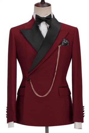 Red Single Breasted Men's Suit with Peaked Lapel for Prom