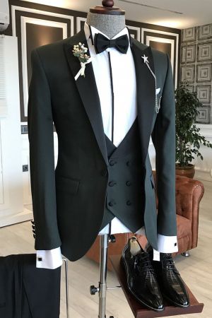 Black Bespoke Business Suit with Peaked Lapel