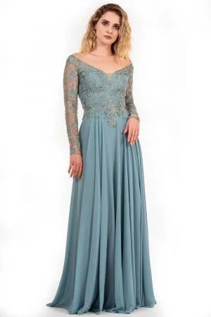 A-line Off-the-shoulder Long Sleeves Floor-length 100D Chiffon Evening Dress With Lace