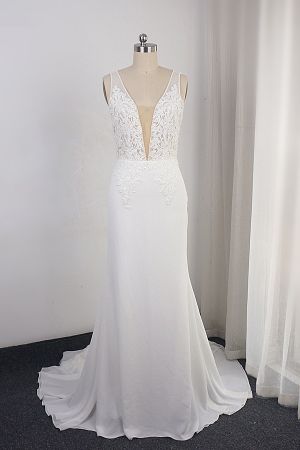 Column Plunging Neckline Sleeveless Floor-length 100D Chiffon Bridal Gown With Lace