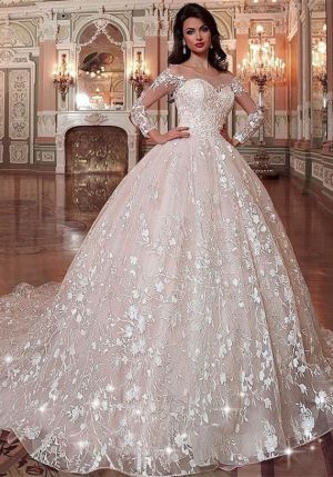 Sweetheart Ball Gown Wedding Dress with Long Sleeves and Appliques