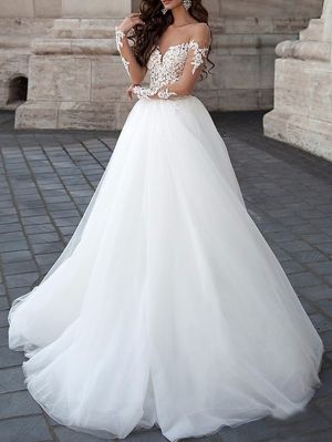 A-line Strapless Long Sleeves Floor-length Tulle Bridal Gown With Lace