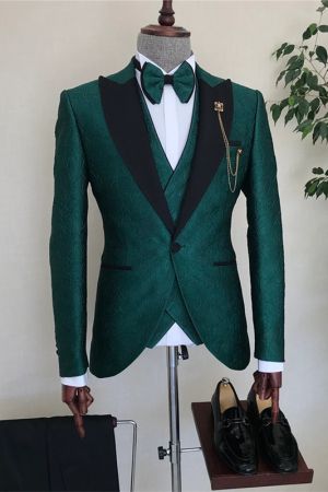 Dark Green Three Pieces Men Suit with Jacquard Peaked Lapel