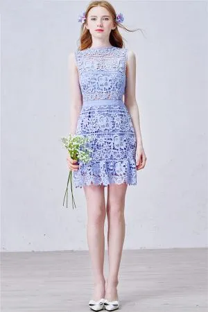 Column High Neck Sleeveless Mini Bridesmaid Gown With Lace