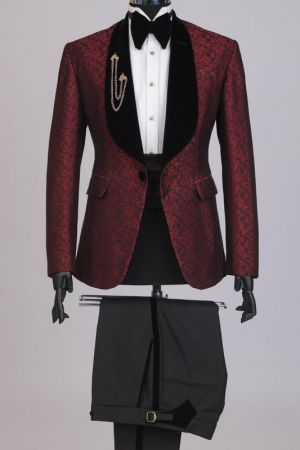Burgundy Jacquard Men Suit for Wedding with Shawl Lapel