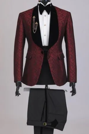 Burgundy Botanical Jacquard Tuxedo with Black Shawl Lapel