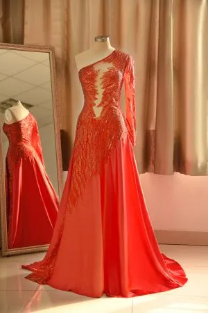 Asymmetrical One Shoulder Sequin Silky Satin A-Line Evening Dress