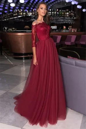 A-line Bateau Neck 3/4-Length Sleeves Floor-length Tulle Evening Dress With Lace