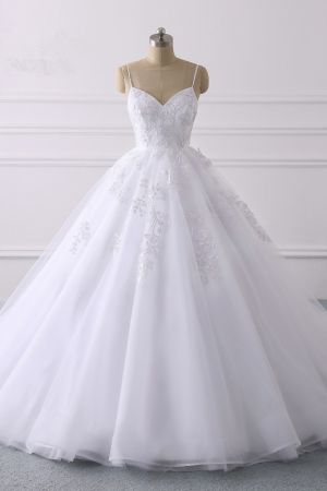 A-line Spaghetti Straps V-neck Sleeveless Floor-length Tulle Wedding Dress With Lace