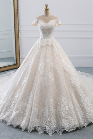 A-line Off-the-shoulder Sweetheart Neck Floor-length Tulle Wedding Dress With Lace