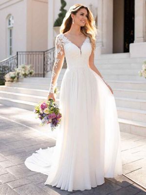 A-line V-neck Long Sleeves Chapel Train 100D Chiffon Bridal Gown With Lace