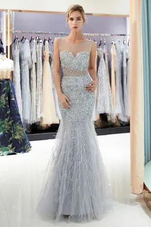 Mermaid Jewel Neck Sleeveless Court Train Tulle Formal Dress With Crystal