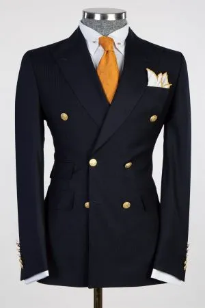 Black Pinstripe Double Breasted Wool Blend Suit with Gold Buttons