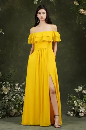 A-line Spaghetti Straps Cap Sleeves Floor-length 100D Chiffon Bridesmaid Dress With Split Front