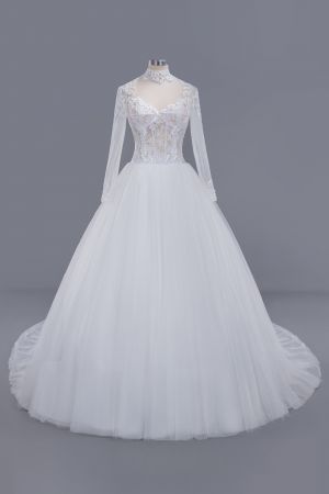 Ball Gown High Neck Long Sleeves Floor-length Lace Wedding Dress With Lace
