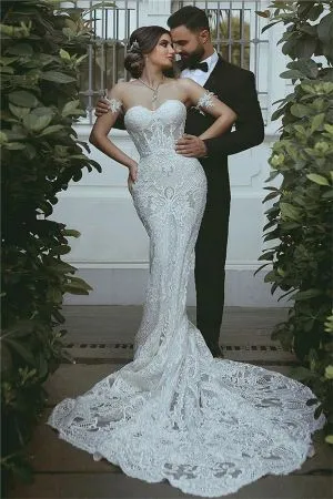 Mermaid Sweetheart Neck Sleeveless Court Train Wedding Dress With Lace