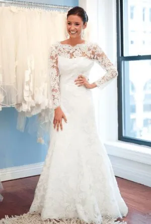 Column Scoop Neck Long Sleeves Sweep / Brush Train Bridal Gown With Lace