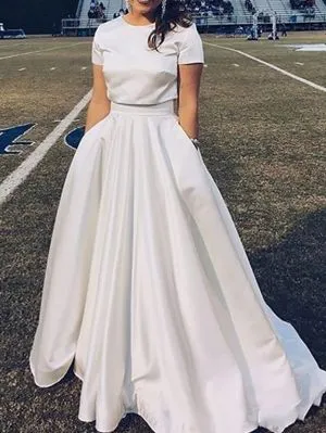 A-line Short Sleeves Tulle Bridal Gown With Sweep / Brush Train