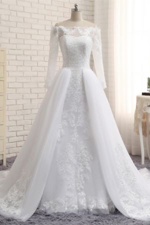 A-line Bateau Neck Long Sleeves Floor-length Tulle Wedding Gown With Lace
