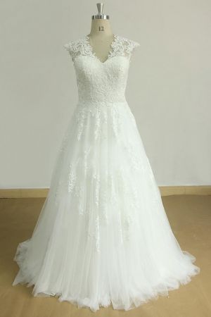A-line V-neck Short Sleeves Court Train Tulle Bridal Gown With Lace