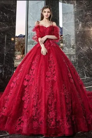 A-line Off-the-shoulder Long Sleeves Floor-length Tulle Evening Dress With Appliques