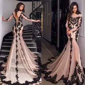 Mermaid Jewel Neck Long Sleeves Court Train Tulle Formal Dress With Lace
