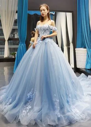 A-line Off-the-shoulder Sweetheart Neck Sleeveless Floor-length Tulle Evening Gown With Appliques