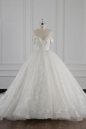 Ball Gown Off-the-shoulder Sweetheart Neck Sleeveless Floor-length Tulle Bridal Gown With Ruffles