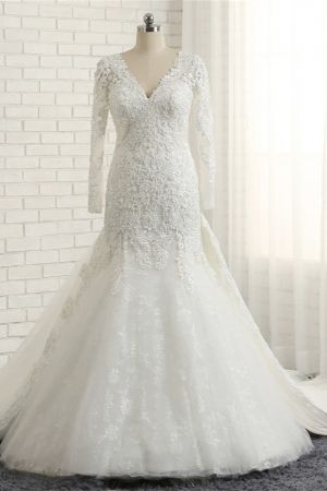 Mermaid V-neck Long Sleeves Floor-length Tulle Bridal Attire With Appliques