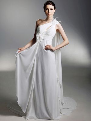 Column One Shoulder Sleeveless Chapel Train Tulle Bridal Gown With Appliques