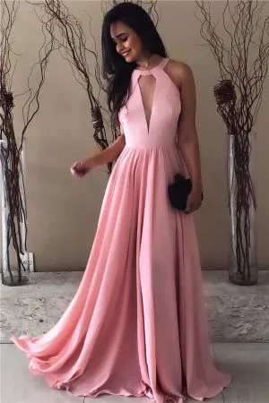 A-line Jewel Neck Sleeveless 100D Chiffon Wedding Guest Dress With Sweep / Brush Train