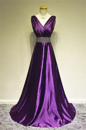 A-line V-neck Sleeveless Sweep / Brush Train Taffeta Evening Gown With Beading