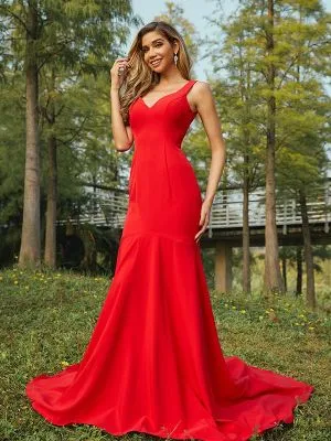 Column V-neck Sleeveless Sweep / Brush Train Bridesmaid Gown With Ruffles