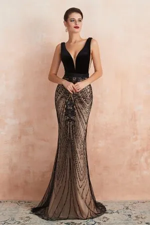 Mermaid V-neck Sleeveless Sweep / Brush Train Velvet Evening Dress With Sequins
