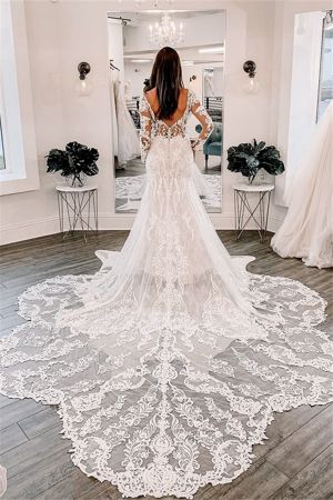 Off-The-Shoulder Mermaid Wedding Dress with Open Back and Lace Court Train