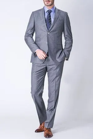 Light Grey Two Piece Wool Blend Men's Business Suit with Stripes and Three Flap Pockets