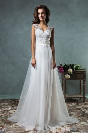 A-line V-neck Sleeveless Sweep / Brush Train Bridal Attire With Lace