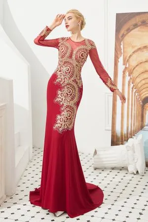 Gold Embroidered Stretch Crepe Mermaid Evening Dress