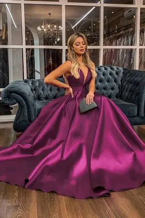 A-line Plunging Neckline Sleeveless Court Train Satin Homecoming Dress With Ribbons