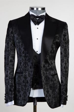 Black Jacquard Peaked Lapel Wedding Men Suit