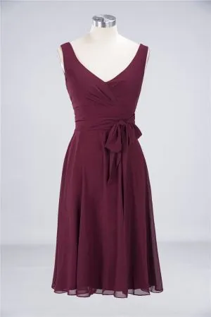 A-line Straps V-neck Sleeveless Knee-length 100D Chiffon Bridesmaid Attire With Ribbons